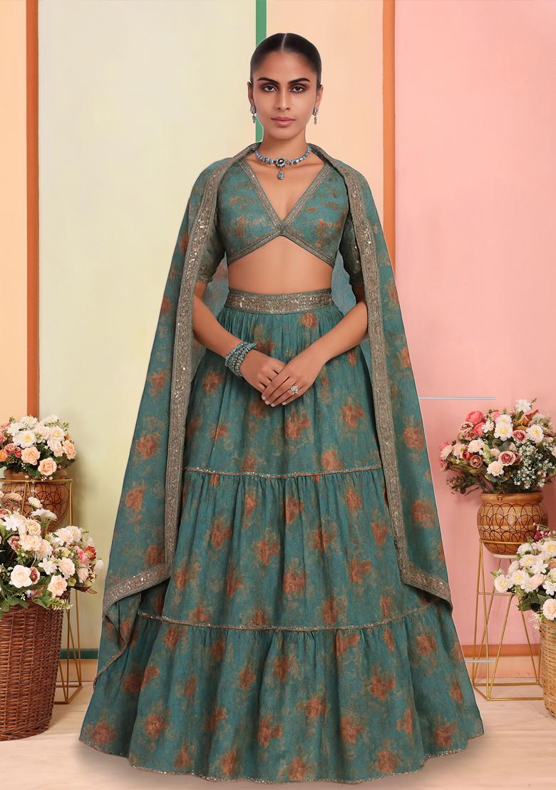 Teal Blue Georgette Embroidered Lehenga Set