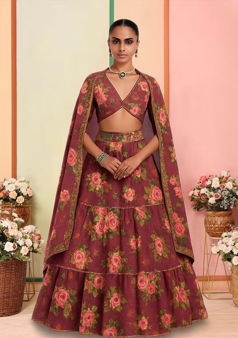 Maroon Tissue Printed Lehenga Set