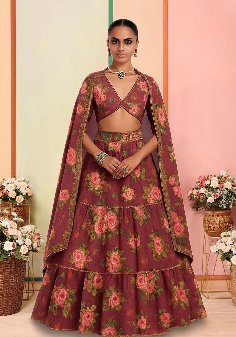 Maroon Tissue Printed Lehenga Set