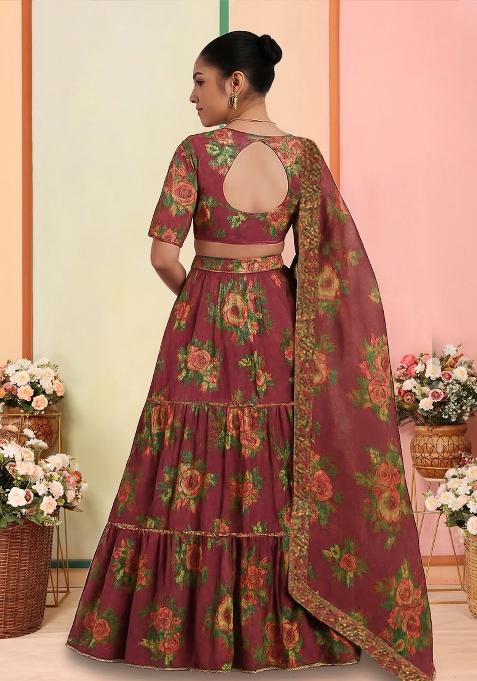 Maroon Tissue Printed Lehenga Set