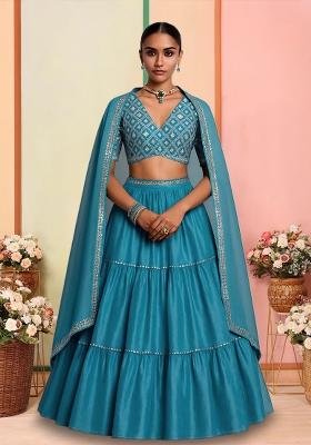 Sky Blue Chinon Printed Lehenga Set