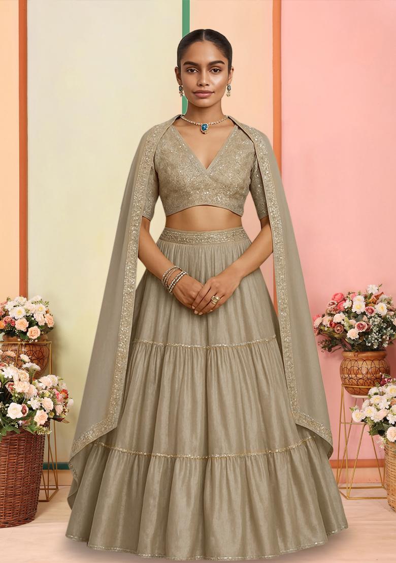 Gold Chinon Embroidered Lehenga Set