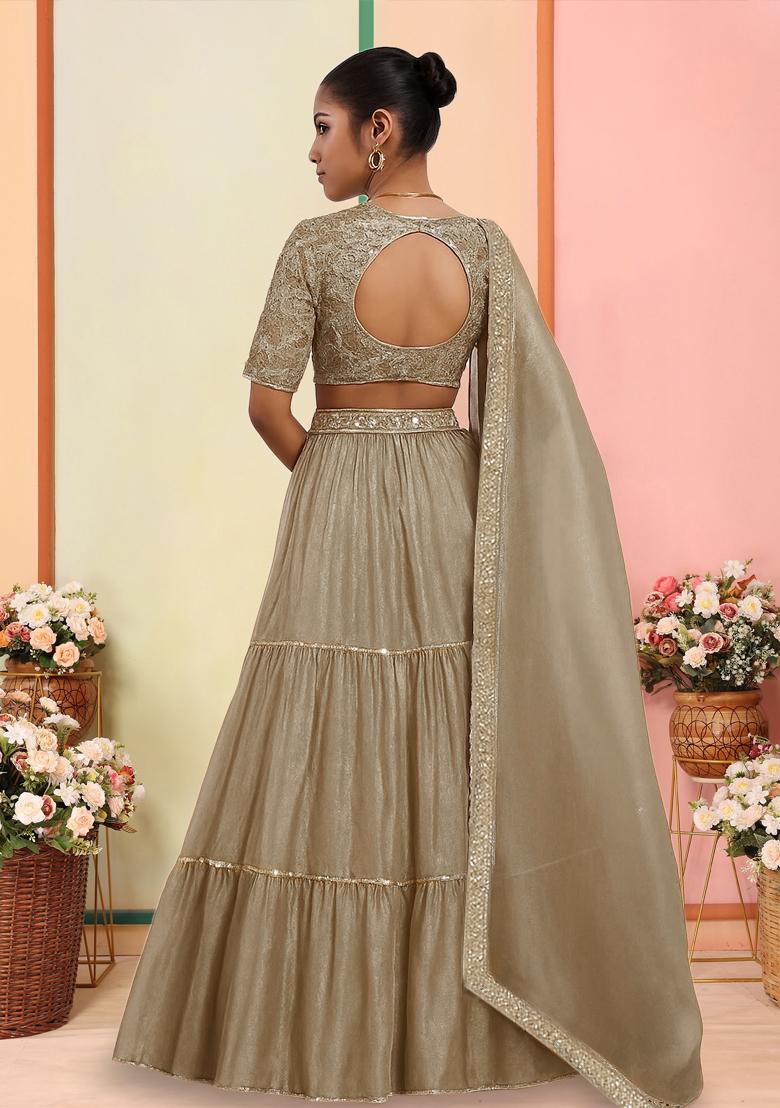 Gold Chinon Embroidered Lehenga Set - Indya