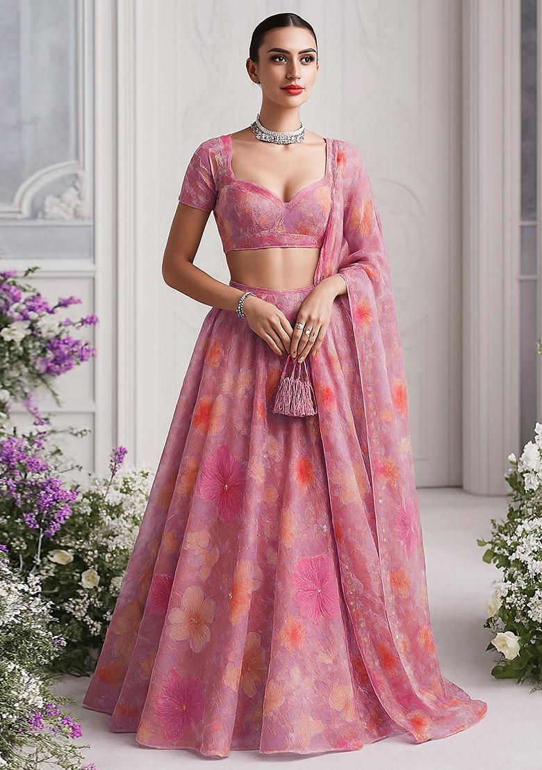 Pink Georgette Printed Lehenga Set