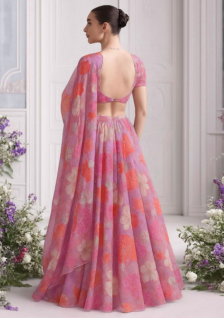 Pink Georgette Printed Lehenga Set - Indya