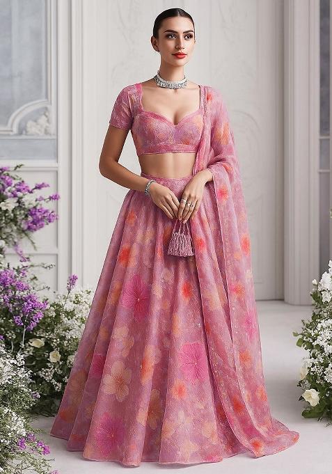 Pink Georgette Printed Lehenga Set