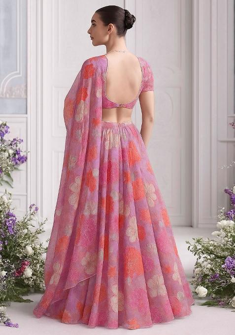 Pink Georgette Printed Lehenga Set