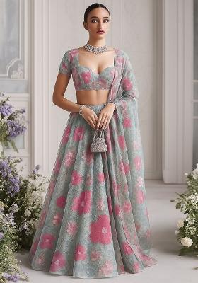 Grey Georgette Printed Lehenga Set