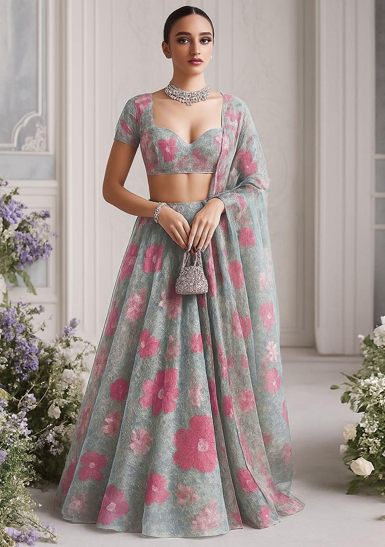 Grey Georgette Printed Lehenga Set