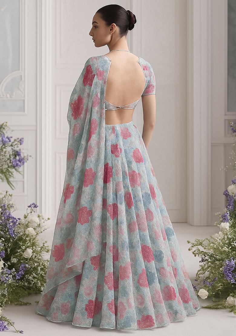 Grey Georgette Printed Lehenga Set - Indya