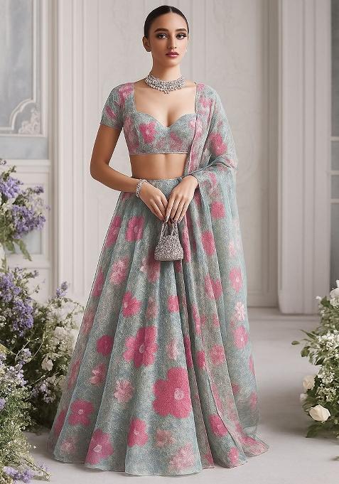 Grey Georgette Printed Lehenga Set