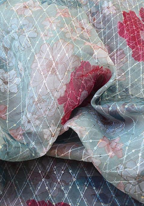 Grey Georgette Printed Lehenga Set