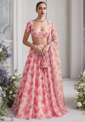 Pink Organza Printed Lehenga Set
