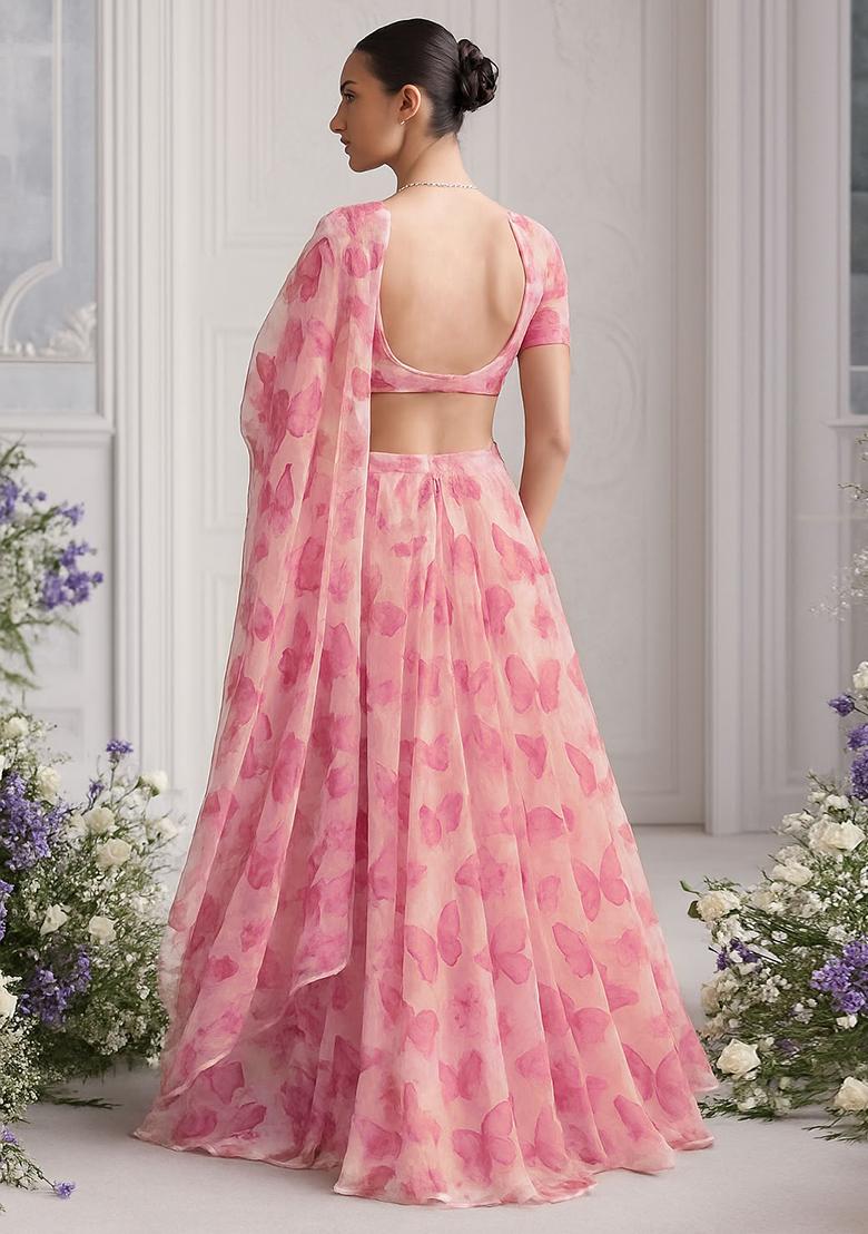 Pink Organza Printed Lehenga Set - Indya