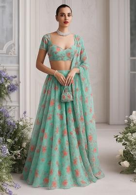 Sky Blue Organza Printed Lehenga Set