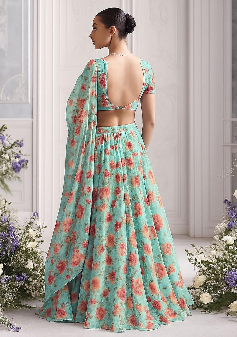 Sky Blue Organza Printed Lehenga Set - Indya