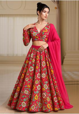 Bright Pink Georgette Printed Lehenga Set