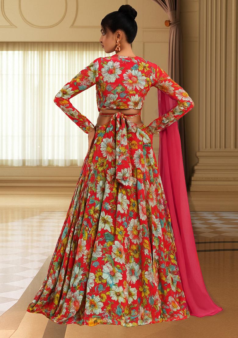 Bright Pink Georgette Printed Lehenga Set - Indya