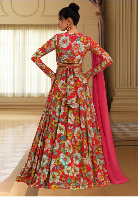 Bright Pink Georgette Printed Lehenga Set