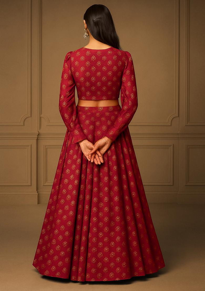 Maroon Viscose Silk Printed Lehenga Set - Indya