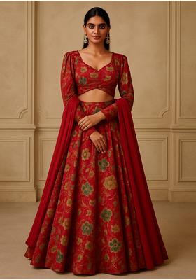 Red Viscose Silk Printed Lehenga Set