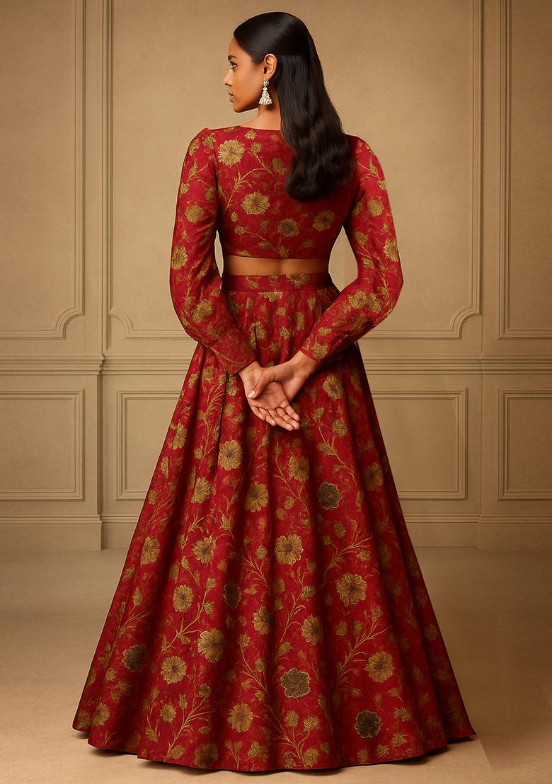 Red Viscose Silk Printed Lehenga Set - Indya
