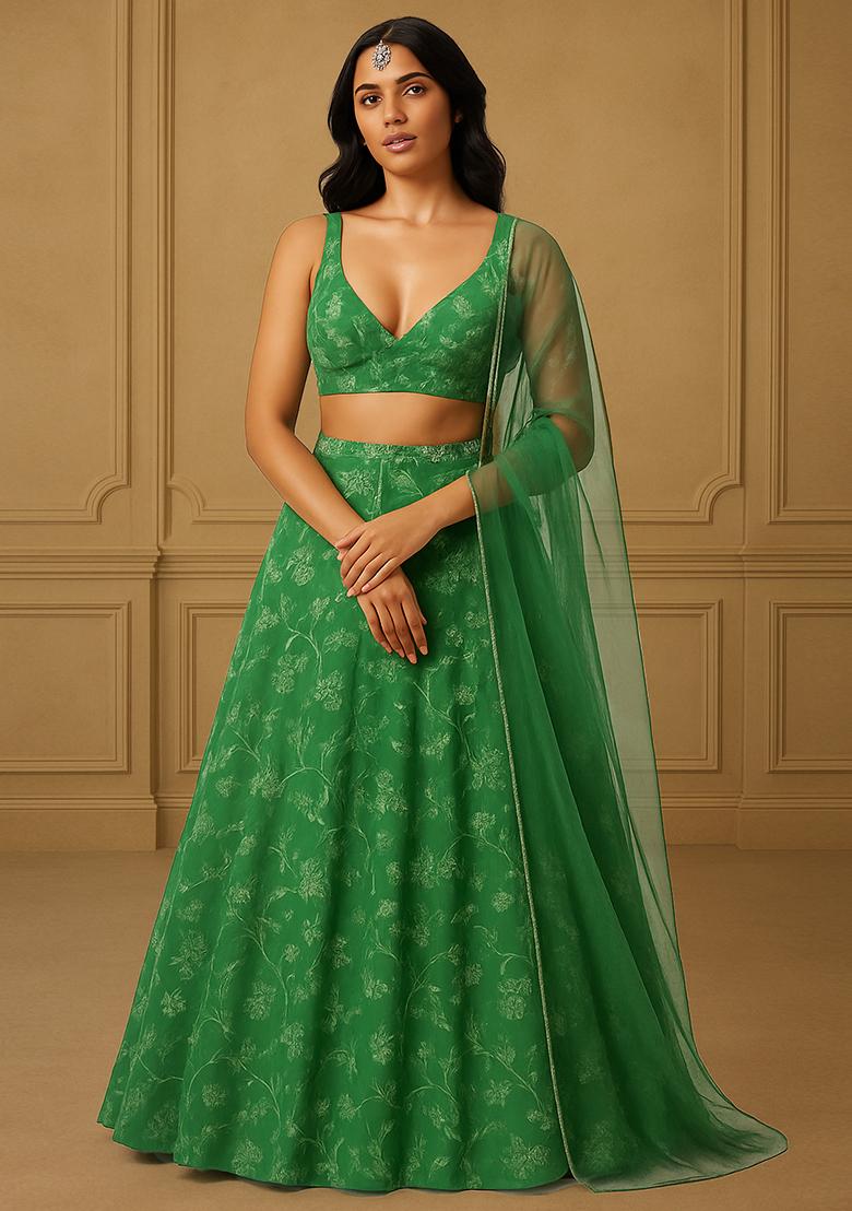 Sage Green Viscose Gerogette Sequin Embellished Lehenga Set