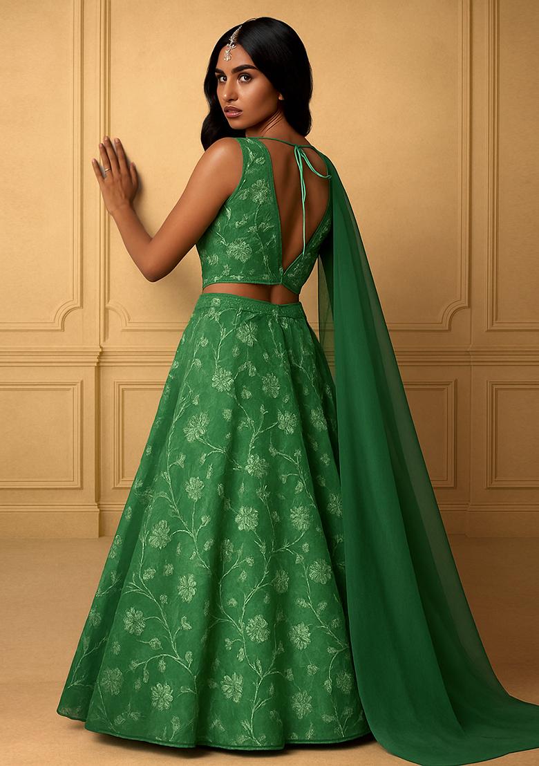 Sage Green Viscose Gerogette Sequin Embellished Lehenga Set - Indya