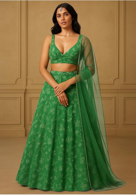 Sage Green Viscose Gerogette Sequin Embellished Lehenga Set