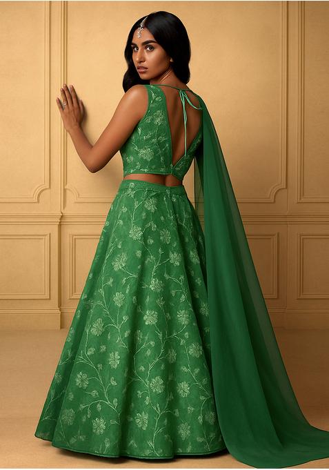 Sage Green Viscose Gerogette Sequin Embellished Lehenga Set