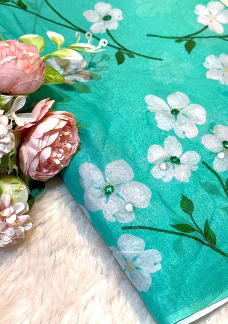 Aqua Green Georgette Printed Lehenga Set - Indya