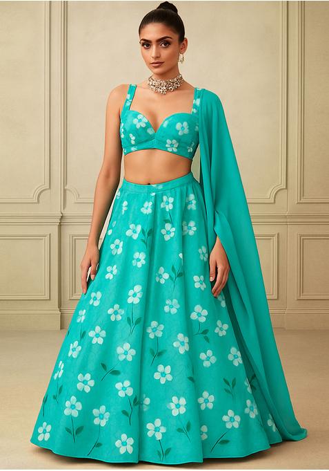 Aqua Green Georgette Printed Lehenga Set — view on Indya
