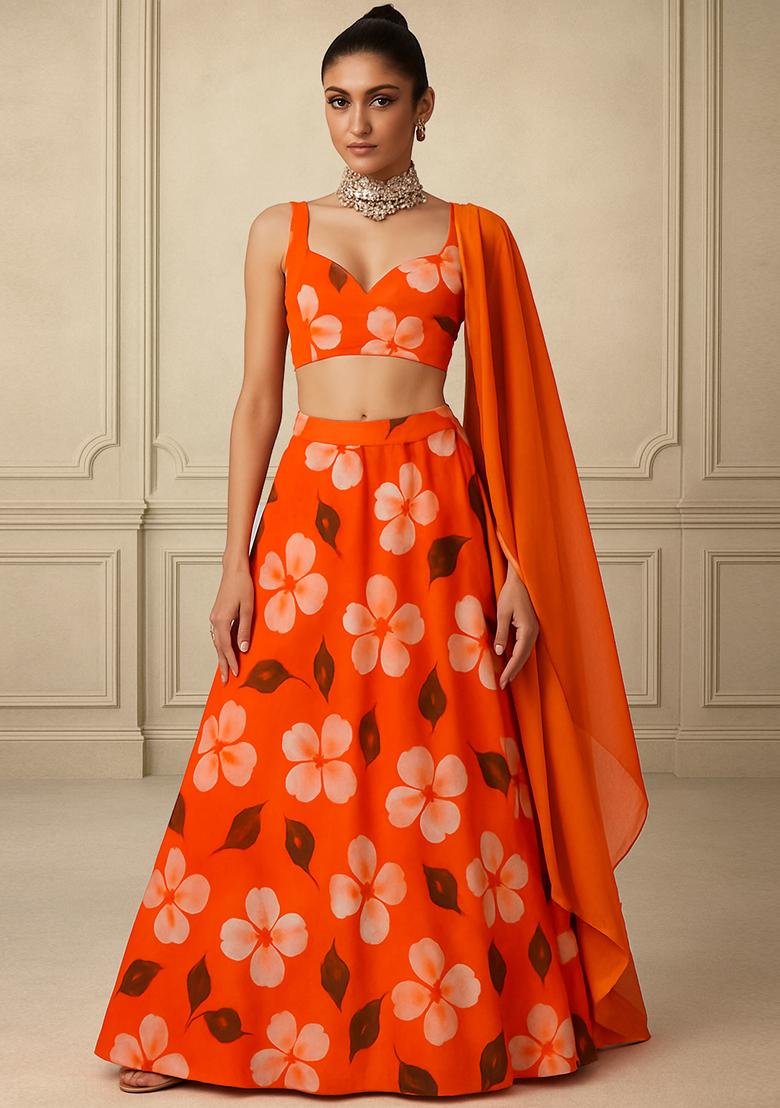 Orange Georgette Printed Lehenga Set