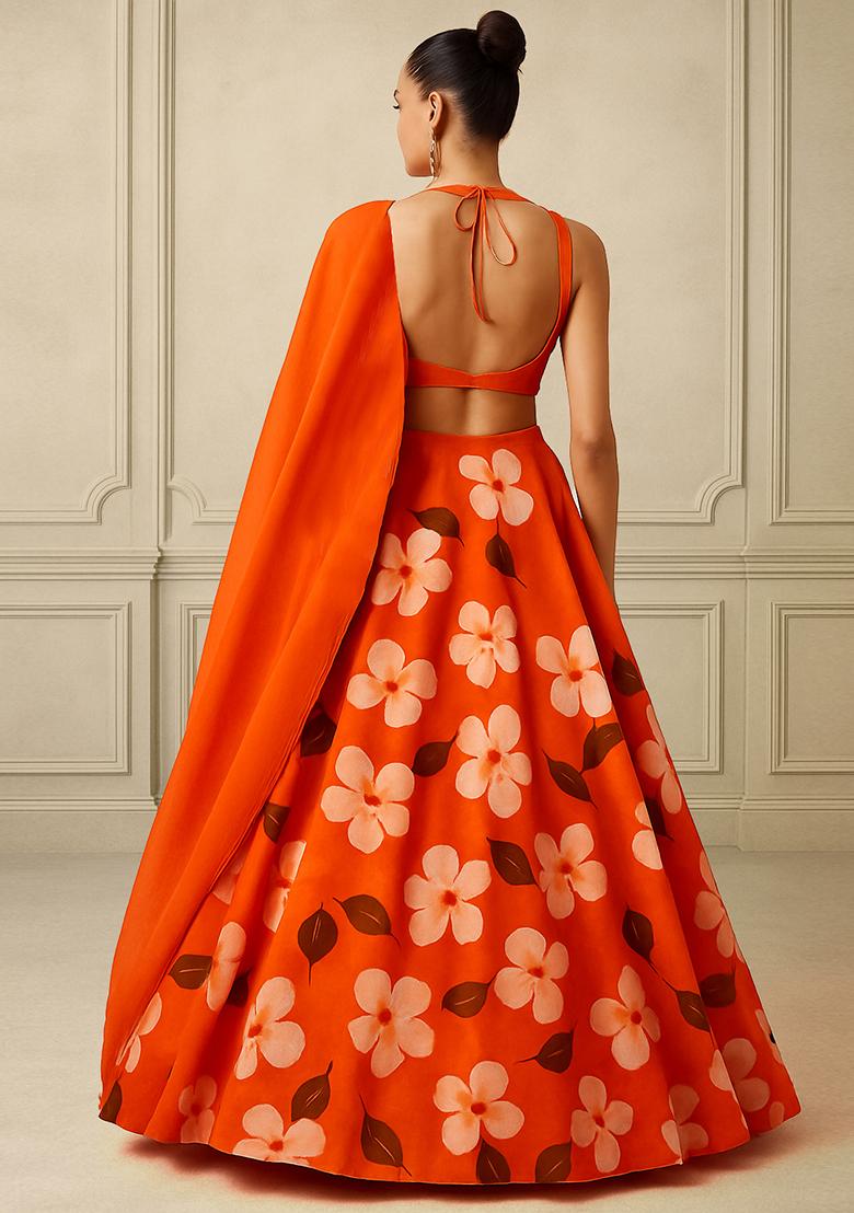 Orange Georgette Printed Lehenga Set - Indya