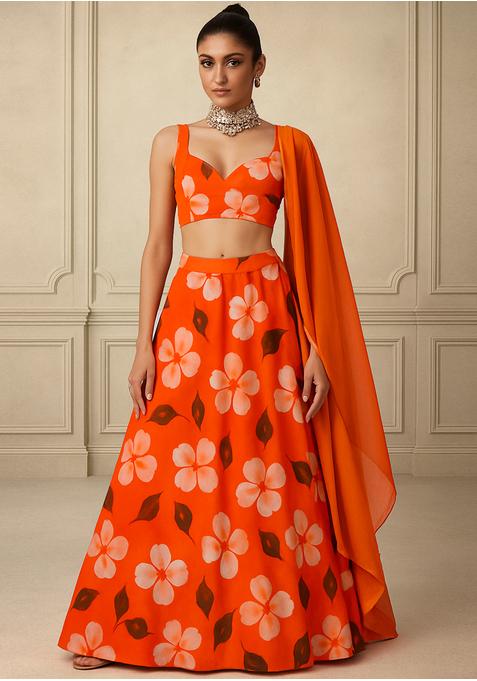 Orange Georgette Printed Lehenga Set