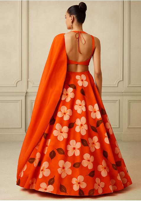 Orange Georgette Printed Lehenga Set