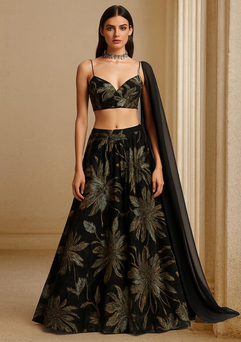 Black Organza Jacquard Lehenga Set - Indya