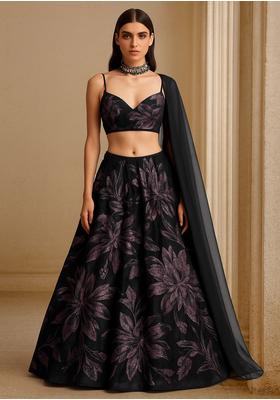 Dark Blue Organza Jacquard Lehenga Set