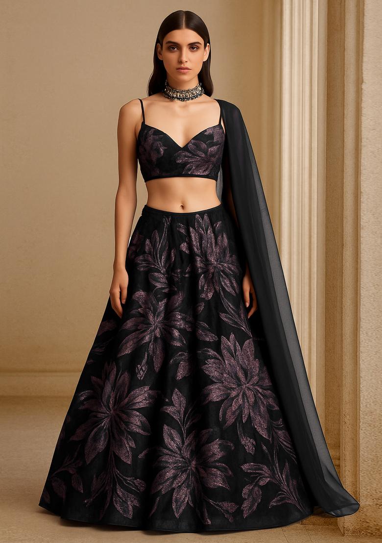 Dark Blue Organza Jacquard Lehenga Set - Indya