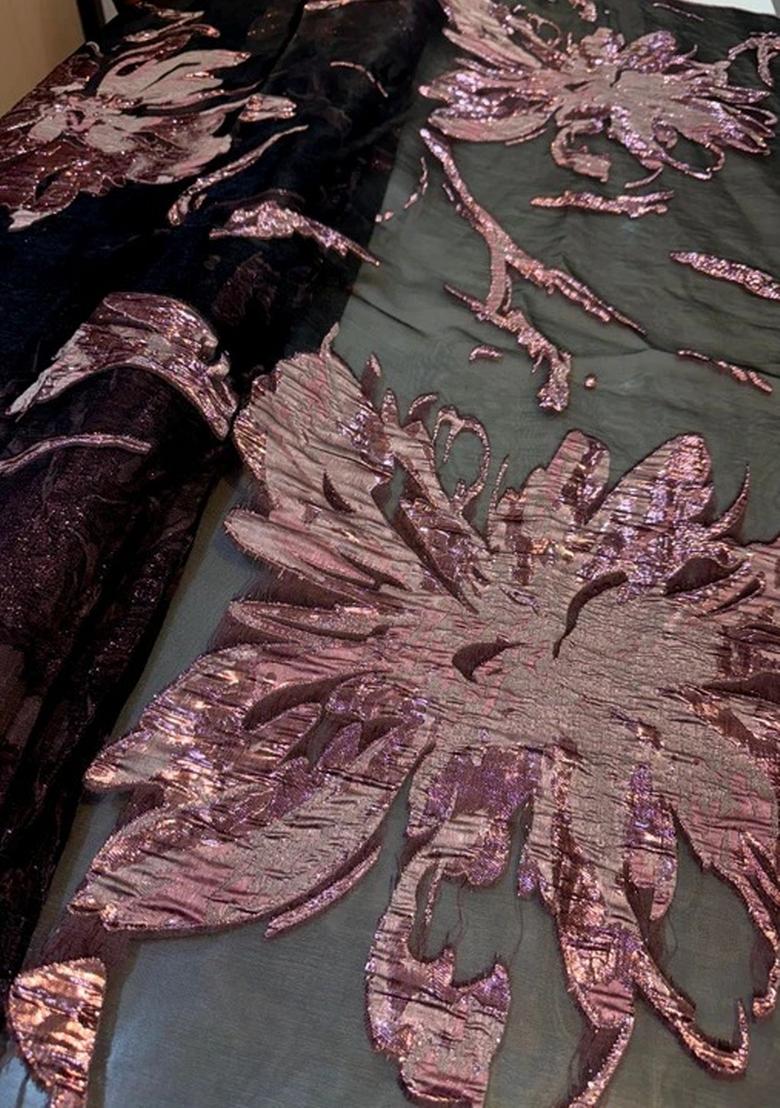 Dark Blue Organza Jacquard Lehenga Set - Indya