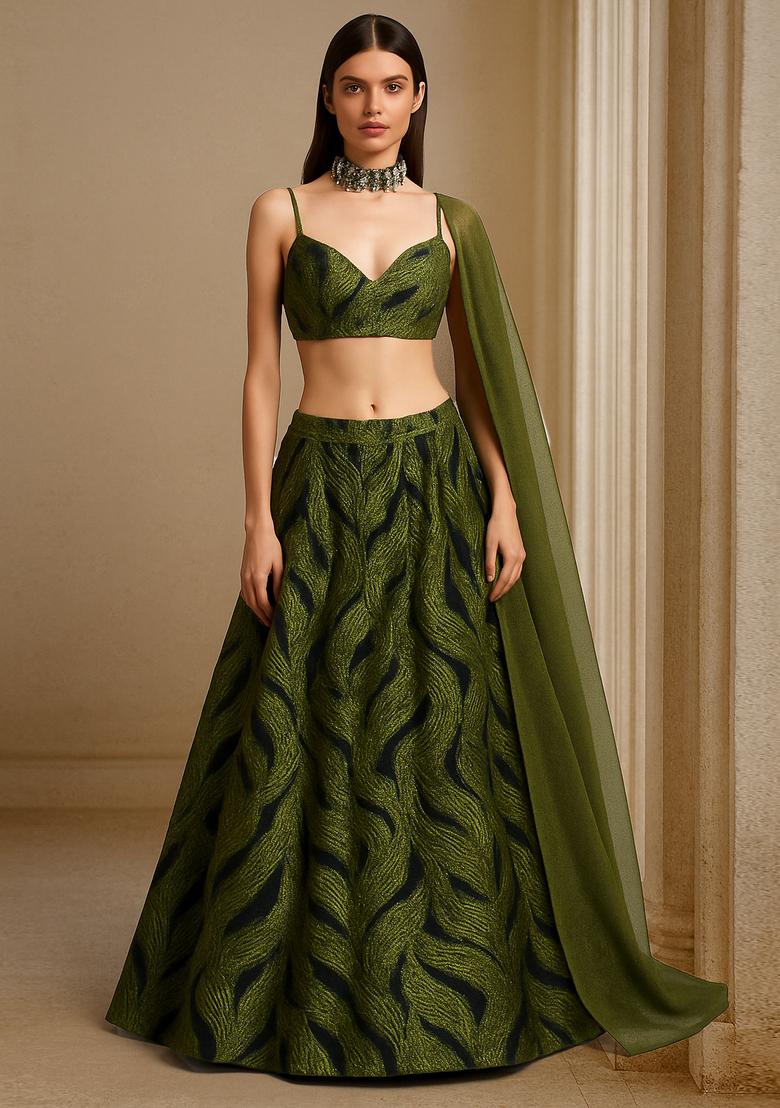 Henna Green Organza Jacquard Lehenga Set