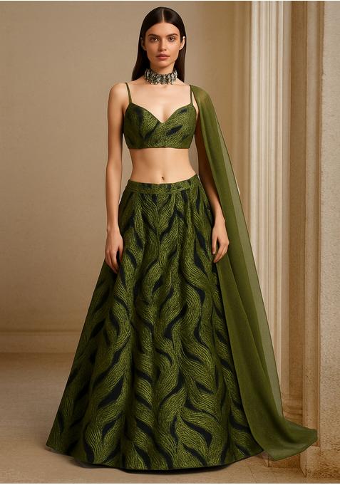 Henna Green Organza Jacquard Lehenga Set
