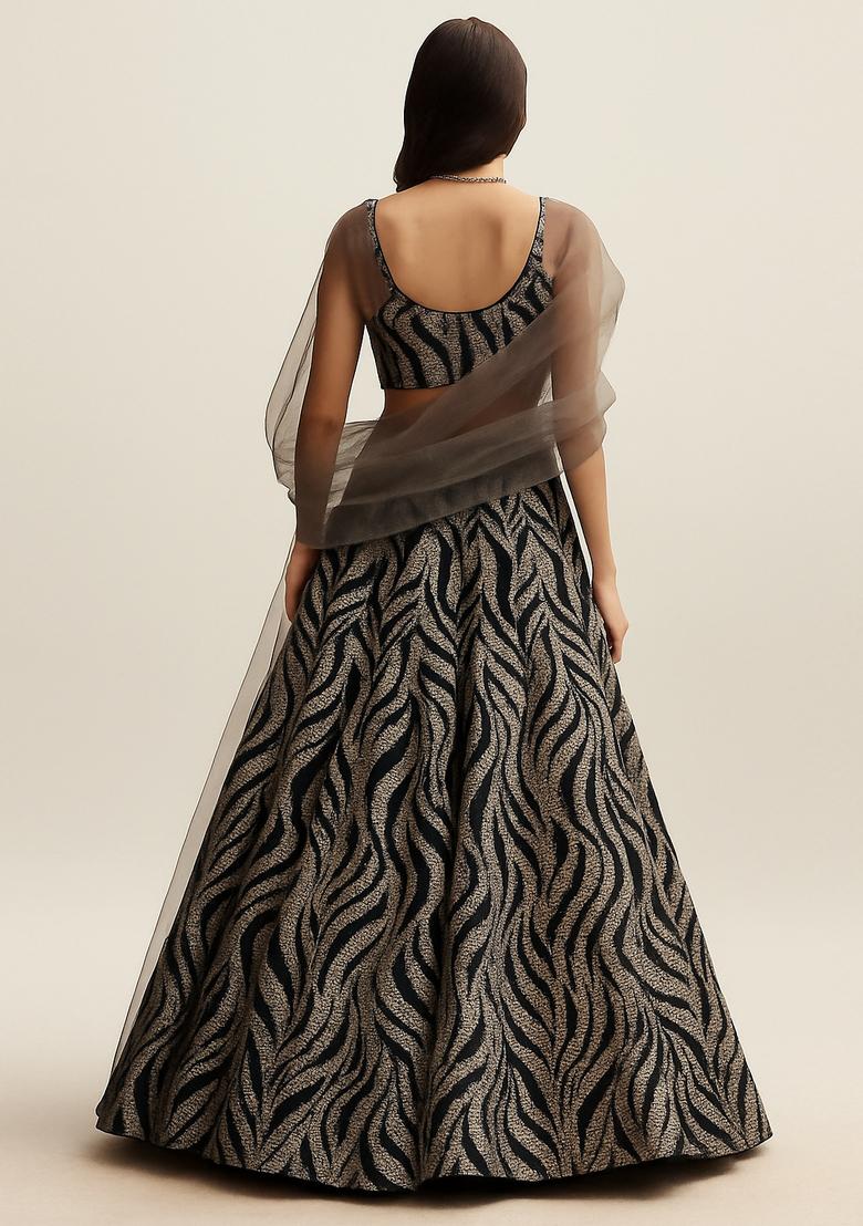 Gold Organza Jacquard Lehenga Set - Indya