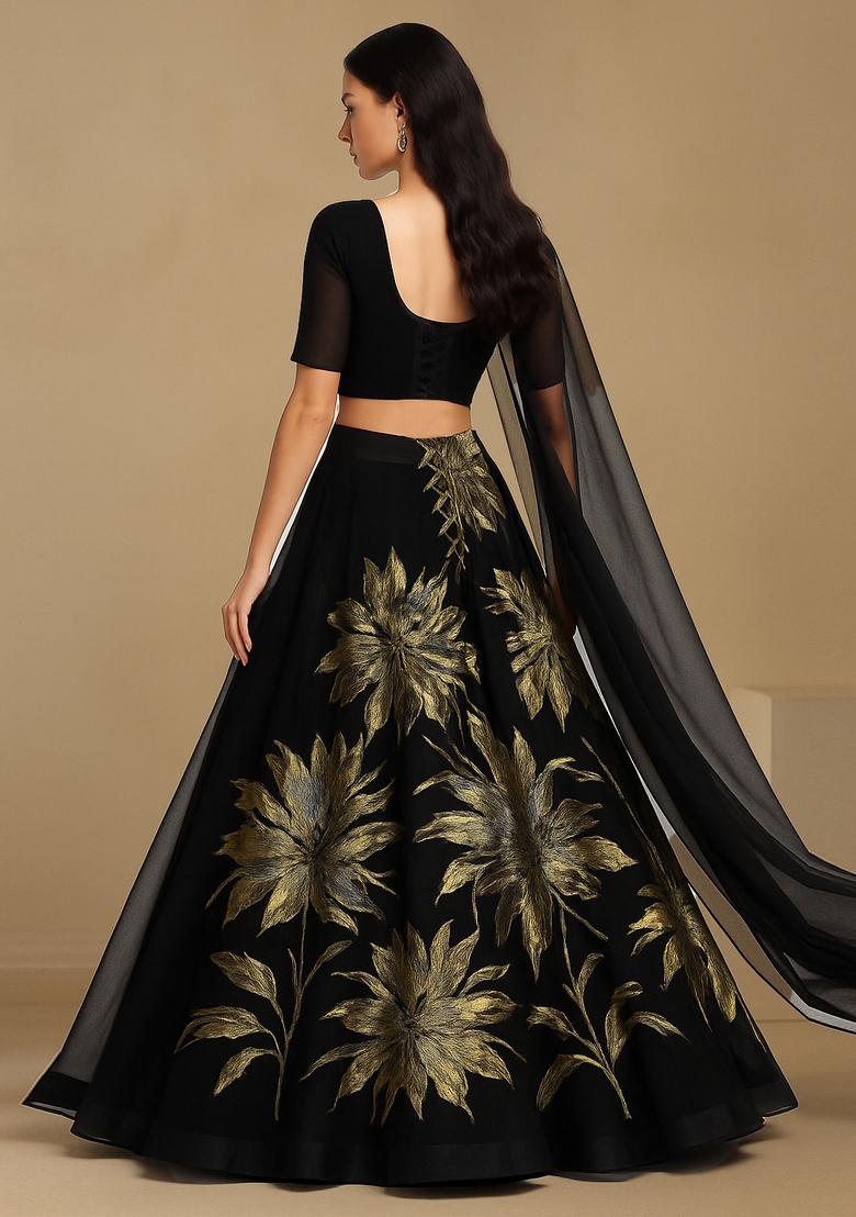 Black Organza Jacquard Lehenga Set - Indya