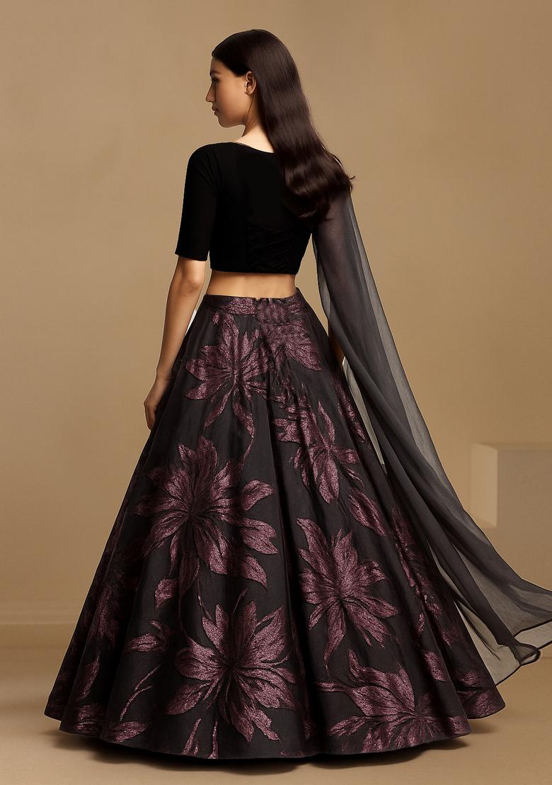 Black Organza Jacquard Lehenga Set - Indya