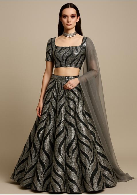 Silver Organza Jacquard Lehenga Set