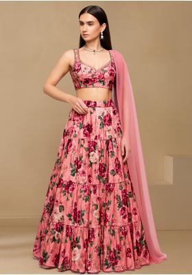 Pink Satin Georgette Printed Lehenga Set