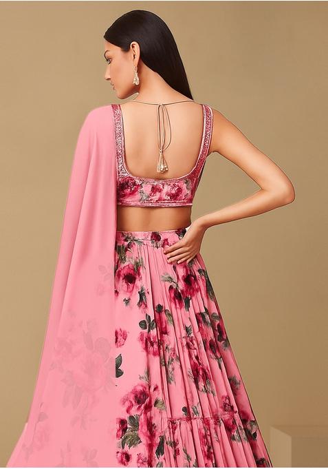 Pink Georgette Printed Lehenga Set