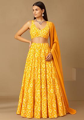 Yellow Satin Georgette Printed Lehenga Set