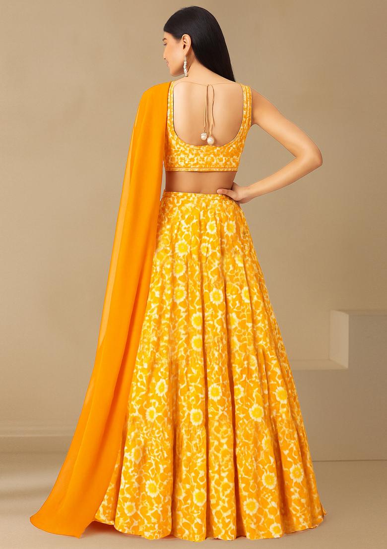 Yellow Satin Georgette Printed Lehenga Set - Indya